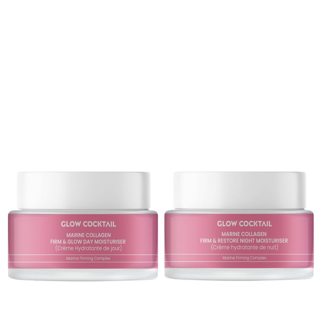 Deux pots de crème hydratante. Étiquette rose avec texte : Glow Cocktail, Marine Collagen, crème jour et nuit. Couvercles blancs.