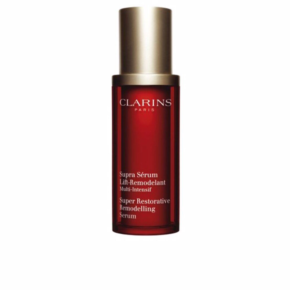 Flacon Clarins de sérum rouge avec bouchon doré. Texte : Supra Sérum Lift-Remodelant Multi-Intensif.