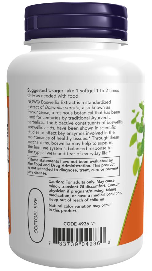 Dos du flacon de supplément. Étiquette orange avec texte: Suggested Usage. Texte: Boswellia Extract. Code 4936 V4.