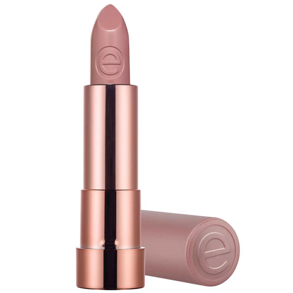 Nude lipstick. Open huls, lipstick zichtbaar. Merk "essence" op de lipstick en de dop.