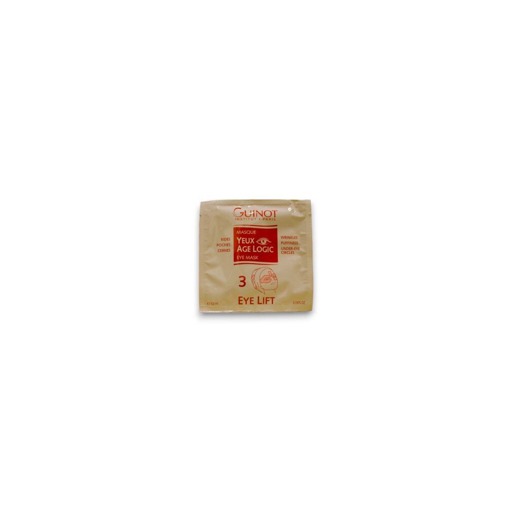 Masque pour les yeux Guinot. Sachet carré unique. Inscription: Eye Logic, Age Logic, 3, Eye Lift.