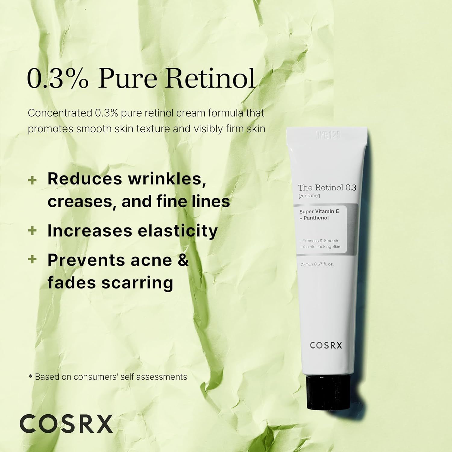 Tube COSRX Retinol Cream 0.3. Avantages : Réduit les rides, augmente l'élasticité, prévient l'acné.