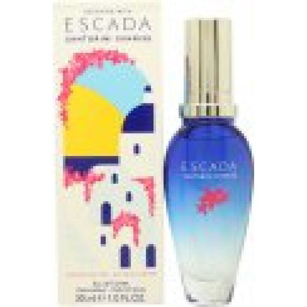 Parfumfles en verpakking. Blauw-transparante fles, zilveren dop. Verpakking met illustraties en tekst.