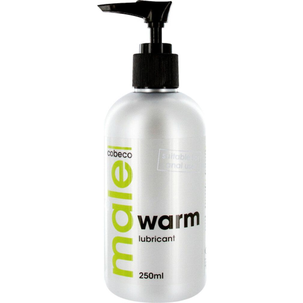 Flacon argenté avec pompe noire. Inscription: male warm lubricant, 250ml. Marque: Cobeco.