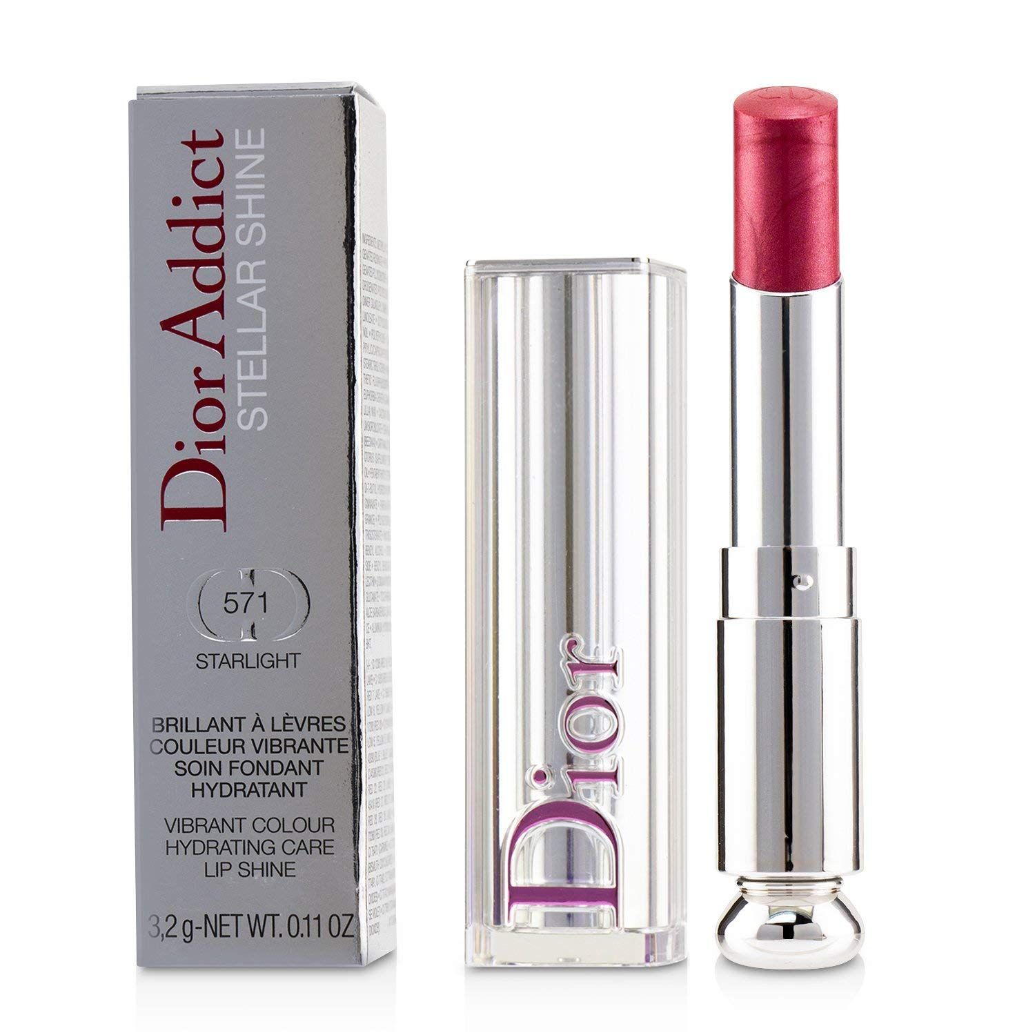 Rouge à lèvres Dior Addict Stellar Shine avec emballage. Rouge à lèvres argenté, couleur rose. Texte sur l'emballage.