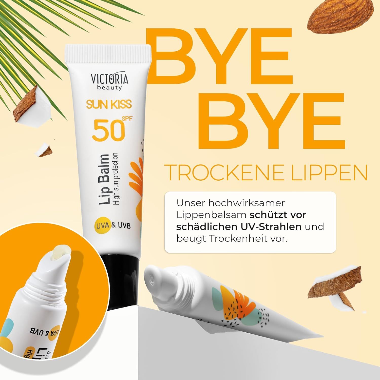Baume à lèvres Victoria Beauty Sun Kiss LSF 50. Tube et produit. Texte: Bye Bye lèvres sèches, UVA & UVB, Haute protection.