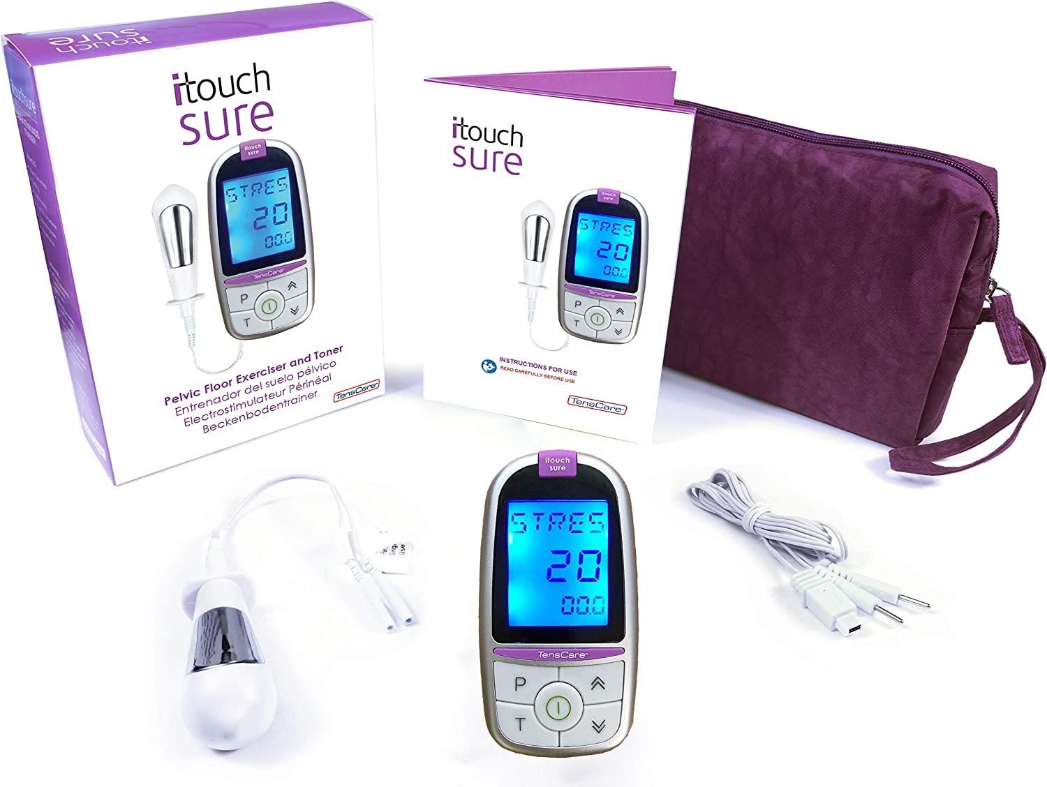 TensCare iTouch Sure bekkenbodemtrainer met sonde, kabels, handleiding en opbergtas.