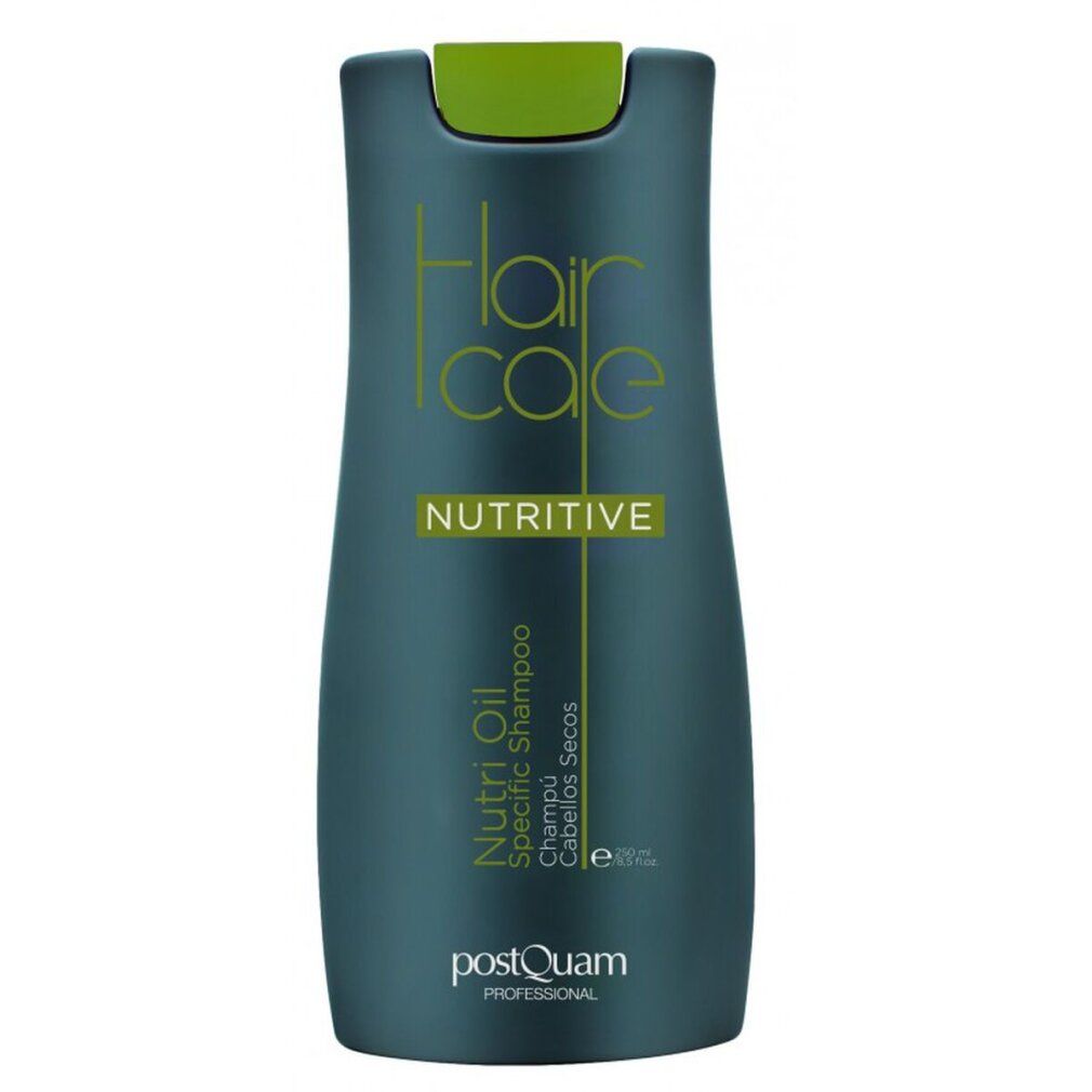 Flacon de shampooing gris foncé avec bouchon vert. Inscription: Hair Care Nutritive, Nutri Oil Specific Shampoo, Postquam Professional.