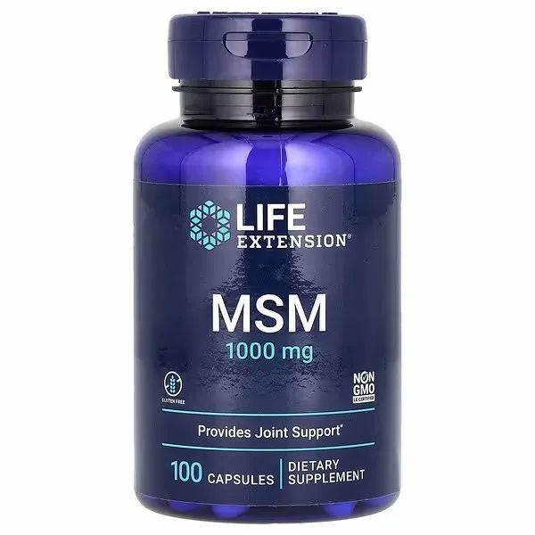 Life Extension MSM 1000 mg Capsules, 100 unités. Étiquette bleue de bouteille avec informations sur le soutien articulaire.