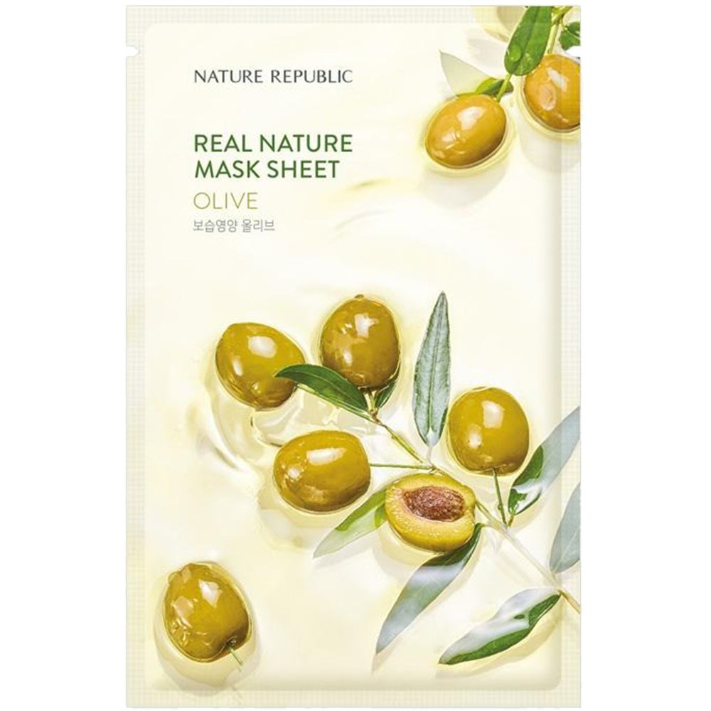 Emballage du masque en feuille NATURE REPUBLIC Real Nature Olive. Olives et feuilles sur fond clair. Texte: Real Nature Mask Sheet, Olive.
