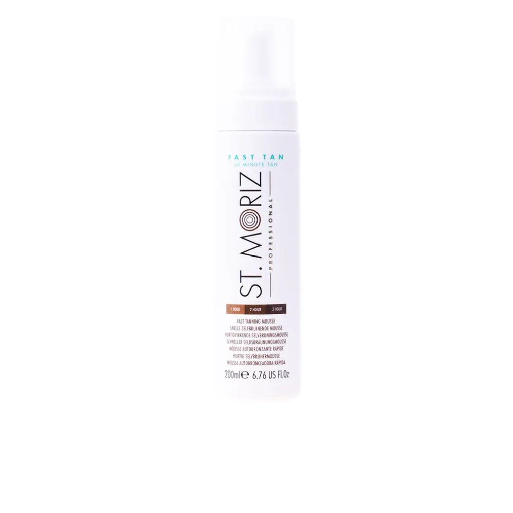 Witte fles met verstuiver. Opschrift: St. Moriz Professional, Fast Tan. Kleurnuances: 1 uur, 2 uur, 3 uur. 200ml.