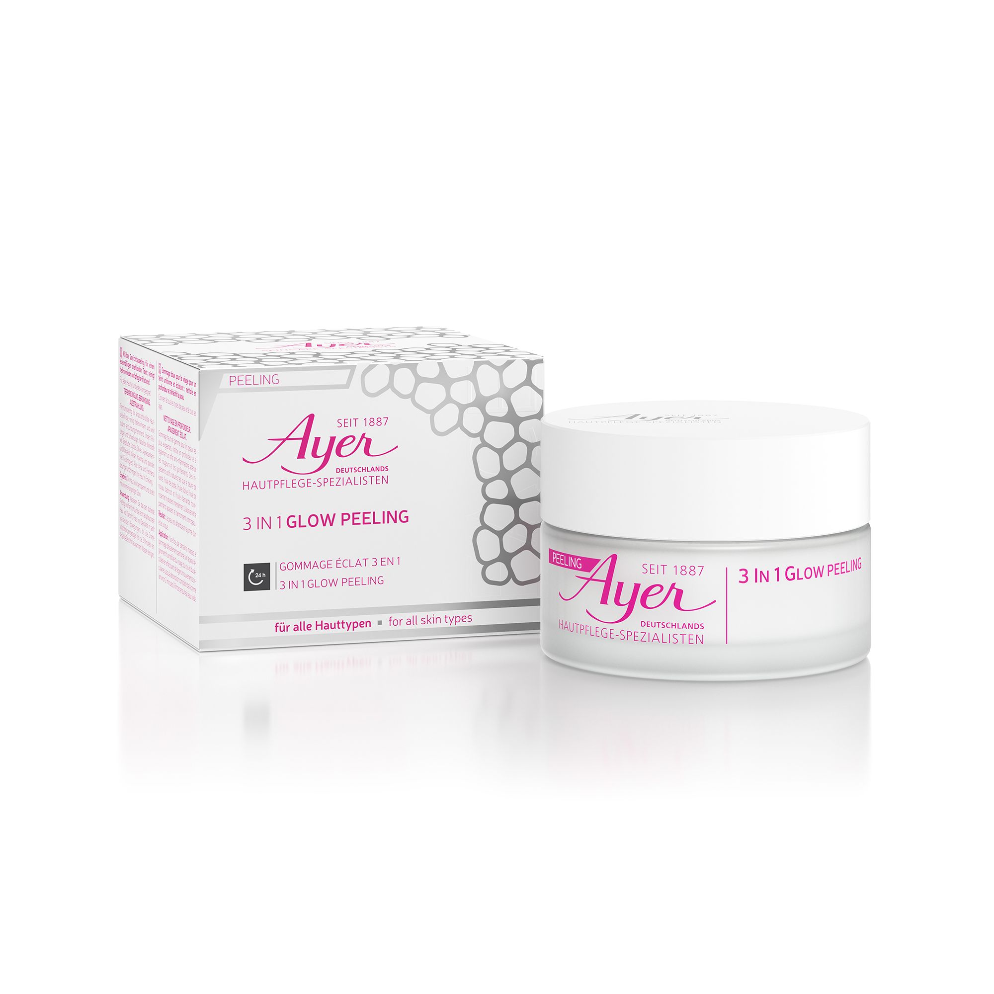 Pot et emballage Ayer 3 In 1 Glow Peeling. Inscription rose sur fond blanc.