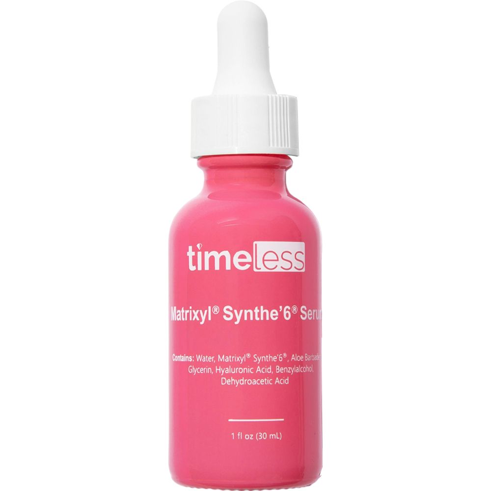 Roze fles met witte druppelaar. Opschrift: Timeless, Matrixyl Synthe'6 Serum. Ingrediënten staan ook vermeld.
