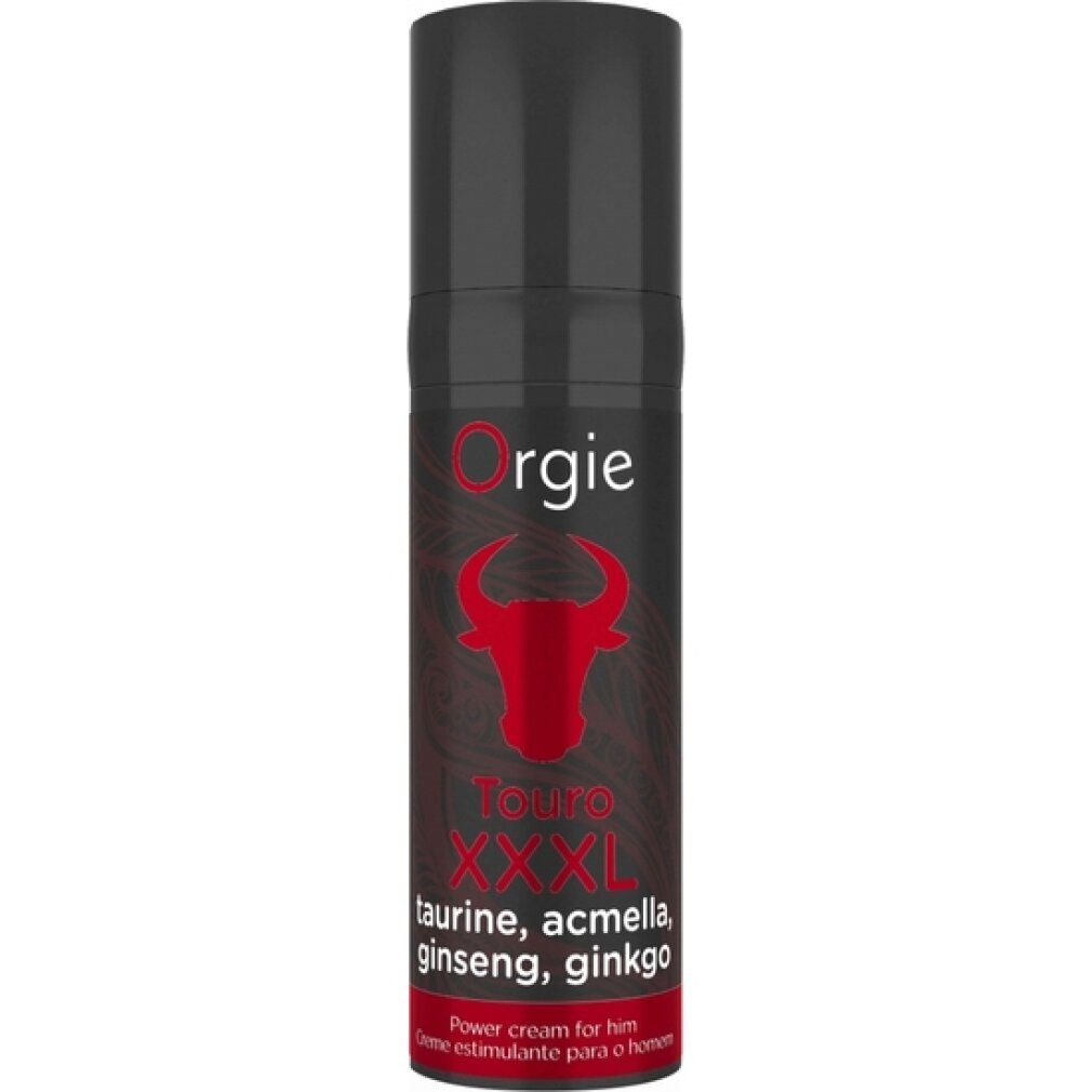 Cilindrische fles met rode stierenkop en productnaam. Tekst: Touro XXL, ingrediënten. Merk: Orgie.