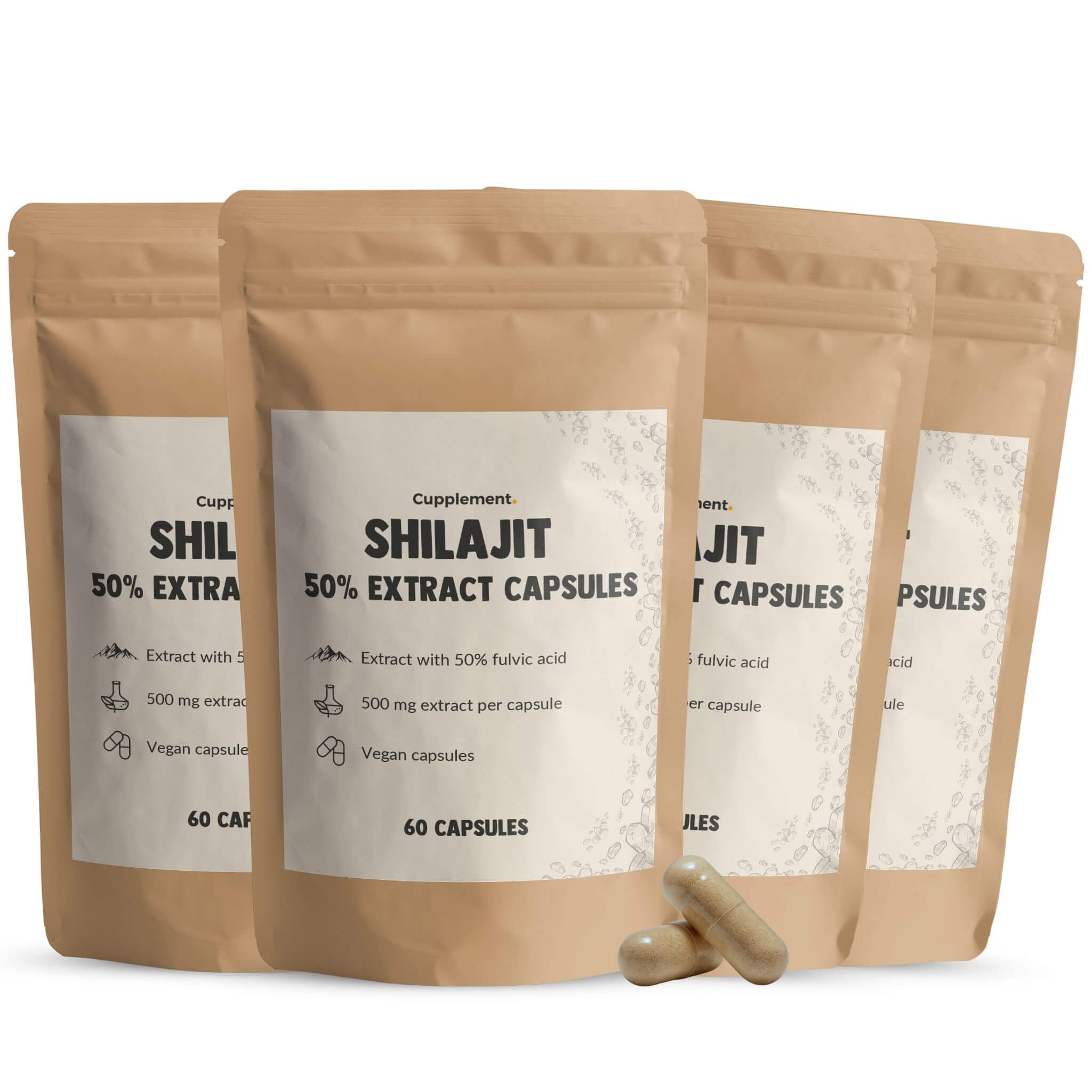Plusieurs sachets de gélules d'extrait de Shilajit. Inscription : 50% d'extrait, 500 mg, gélules végétales, 60 gélules.