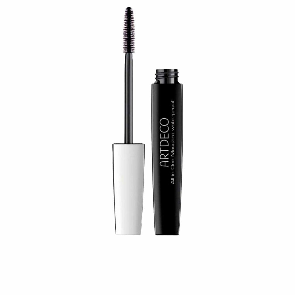 Brosse et flacon de mascara noirs. Flacon avec manche blanc, bouchon noir. Inscription : ARTDECO All in One Mascara waterproof.