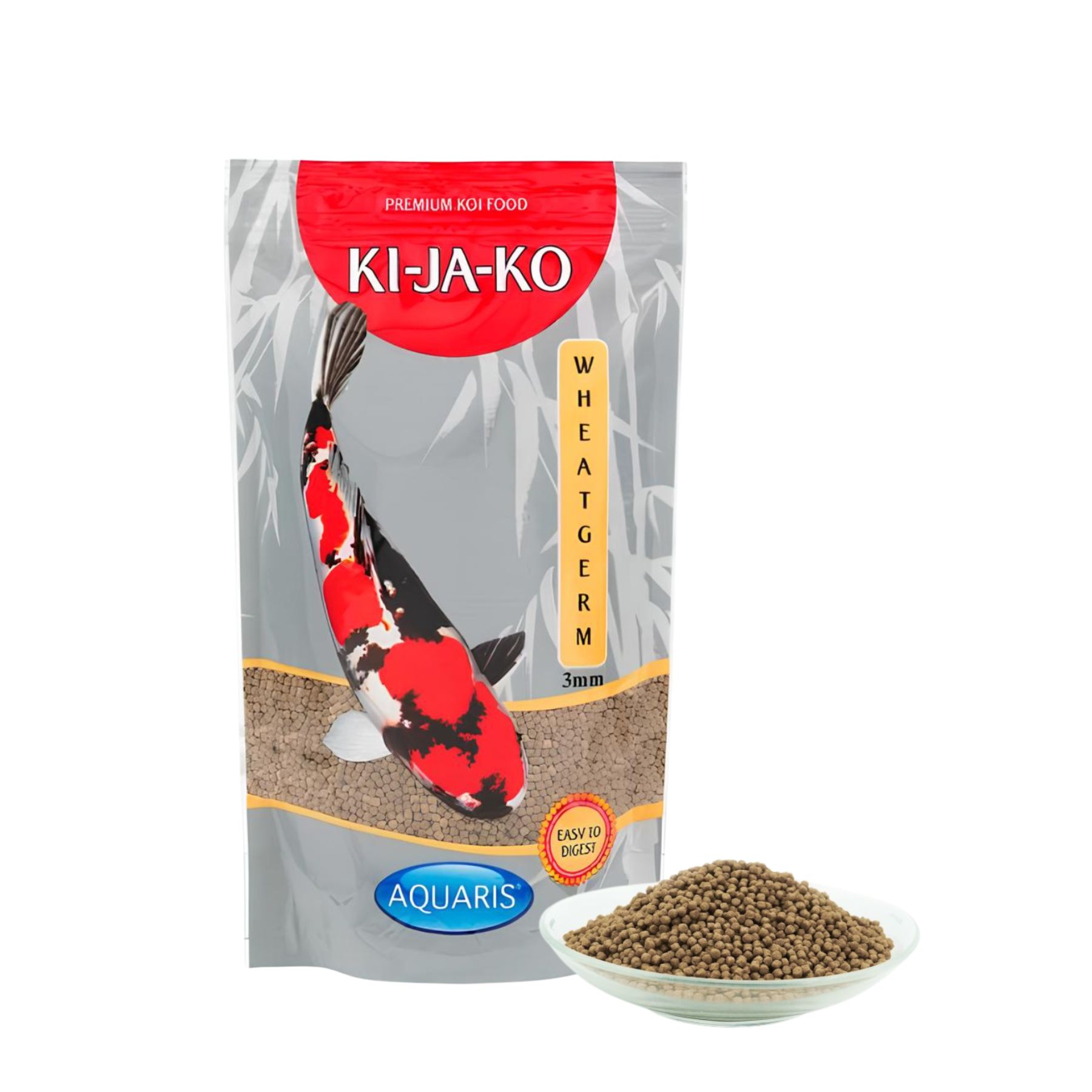 Emballage de KI-JA-KO nourriture pour carpes koï, germes de blé, 3mm. Image d'un poisson koï.