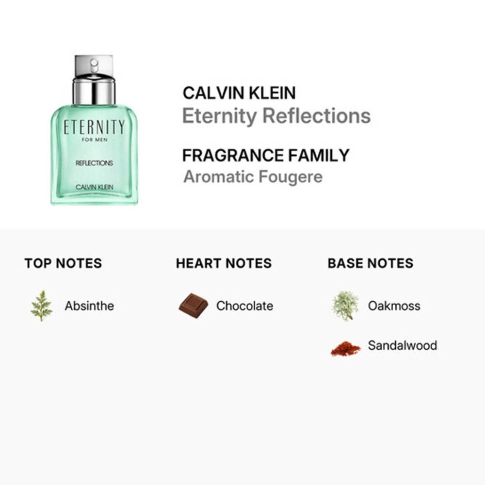Productinformatie: Calvin Klein Eternity Reflections. Geurfamilie: Aromatisch Fougère. Noten: Absint, Chocolade, Eikenmos, Sandelhout.