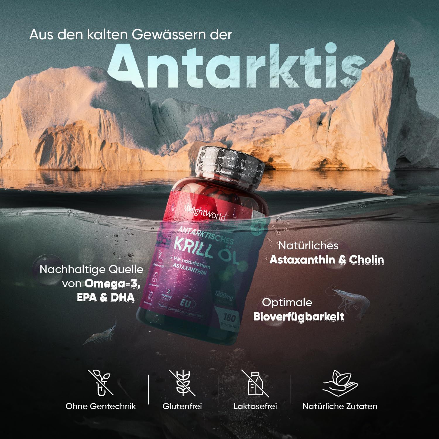 Fles Antarctische Krillolie voor ijsbergen. Bevat Omega-3, EPA en DHA. Zonder GGO's, gluten, lactose en natuurlijke ingrediënten.