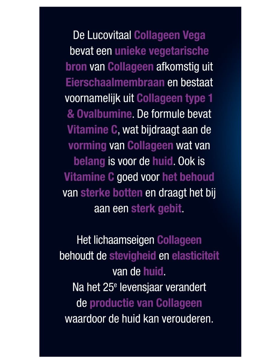 Texte sur fond bleu. Décrit les bienfaits de 'Collageen Vega' pour la peau et les os.