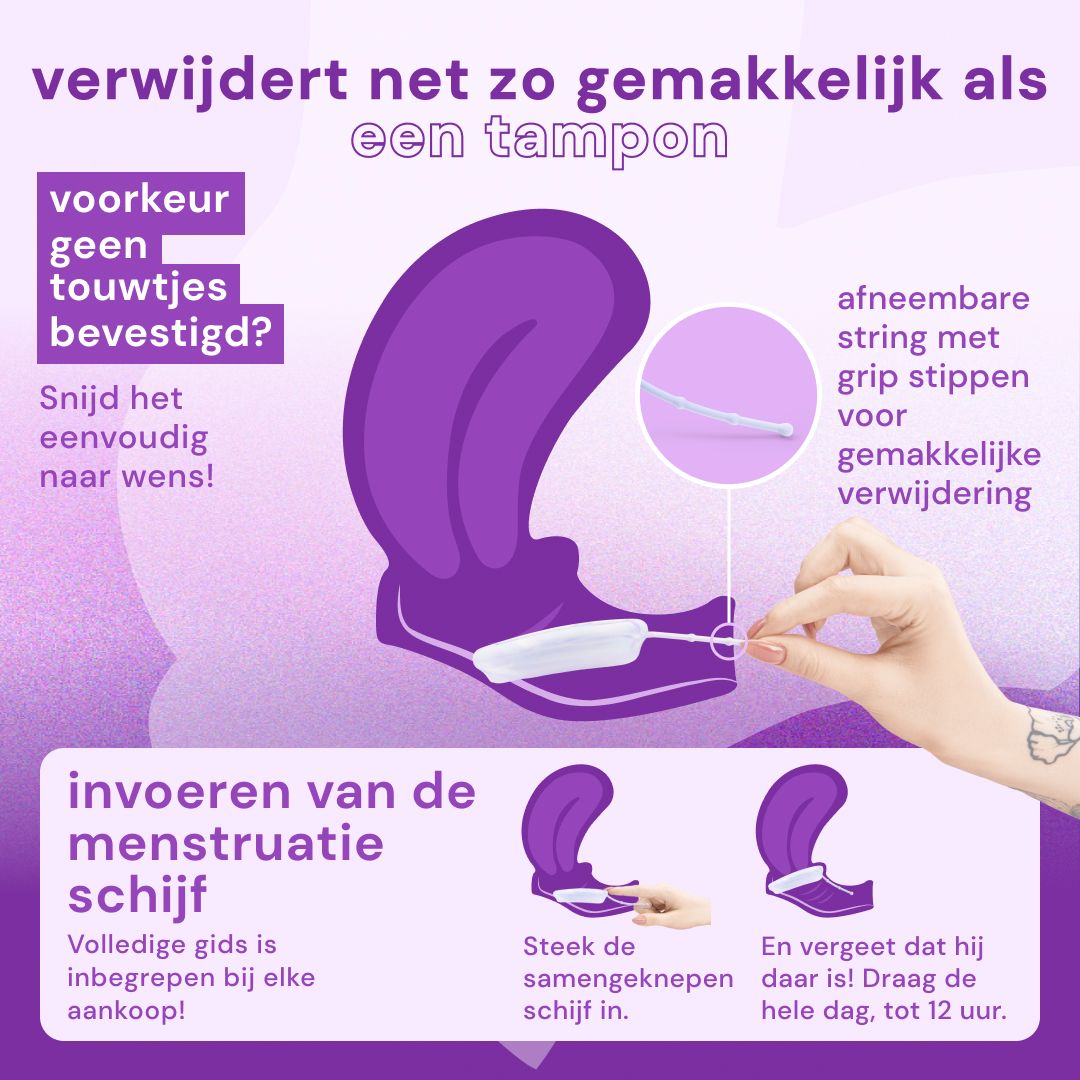 Paarse menstruatiedisks (S/L) met handleiding en hoesje.