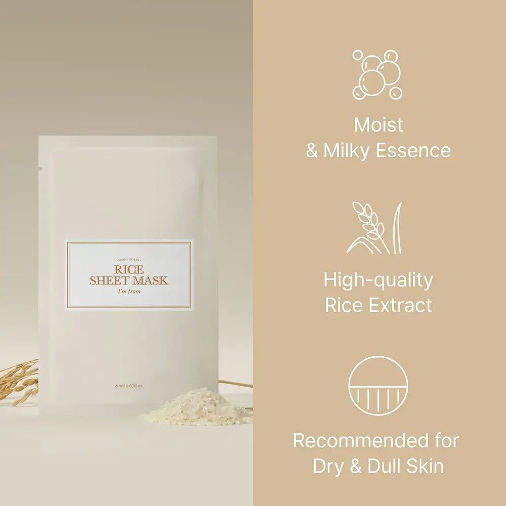 Sachet de masque en tissu au riz, riz et texte. Recommandé pour les peaux sèches. Caractéristiques : hydratant, extrait de riz.