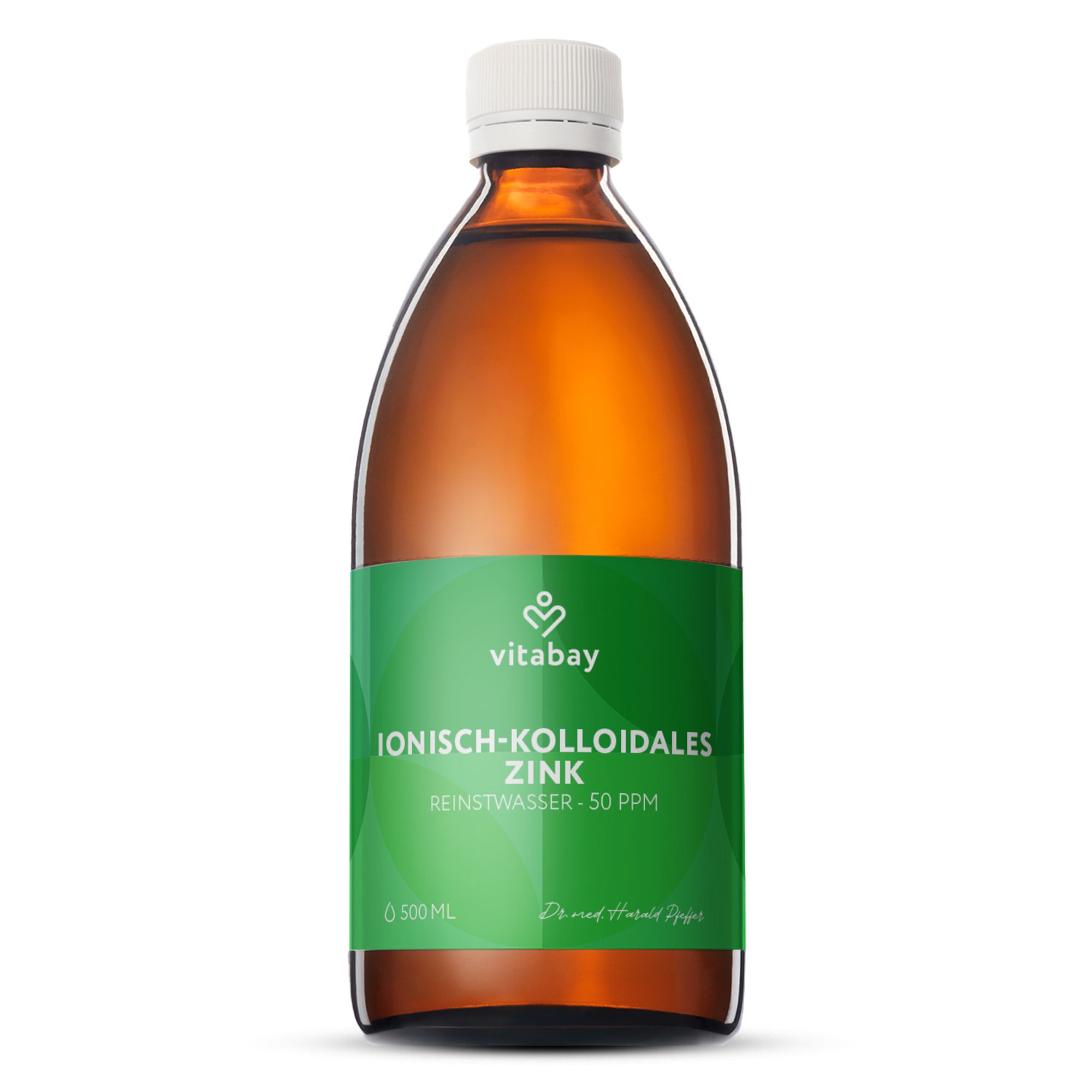 Bouteille en verre brun avec étiquette verte, indiquant "ZINC IONIQUE-COLLOÏDAL EAU PURE - 50 PPM".