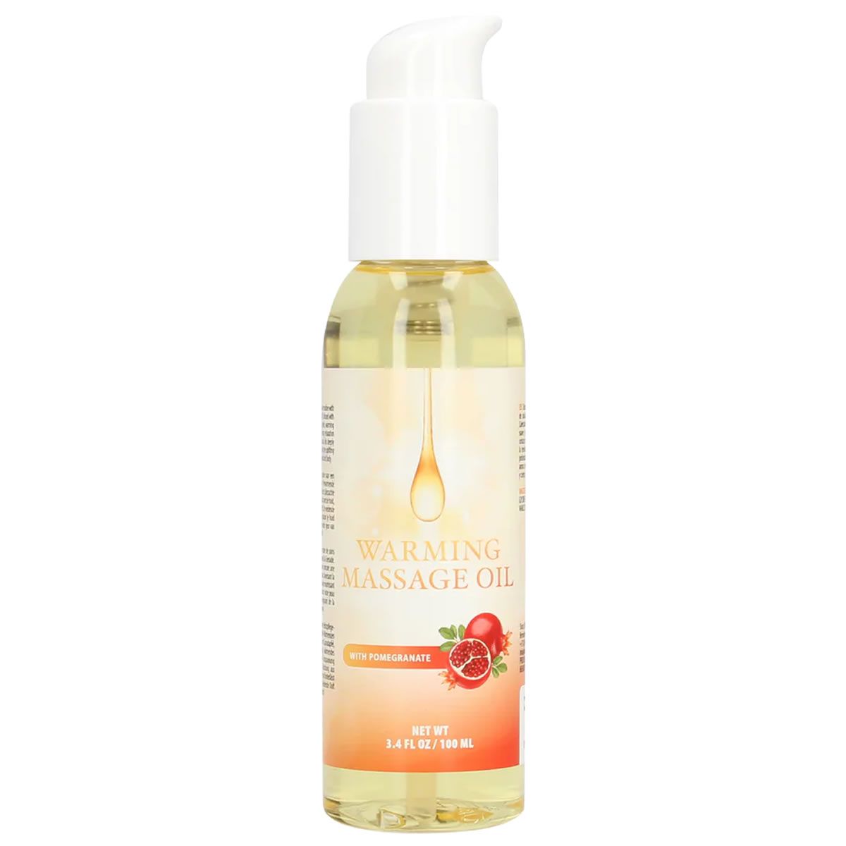 Transparante glazen fles met witte pomp. Etiket met tekst: Warming Massage Oil, granaatappel illustratie. Vloeistof gelig.