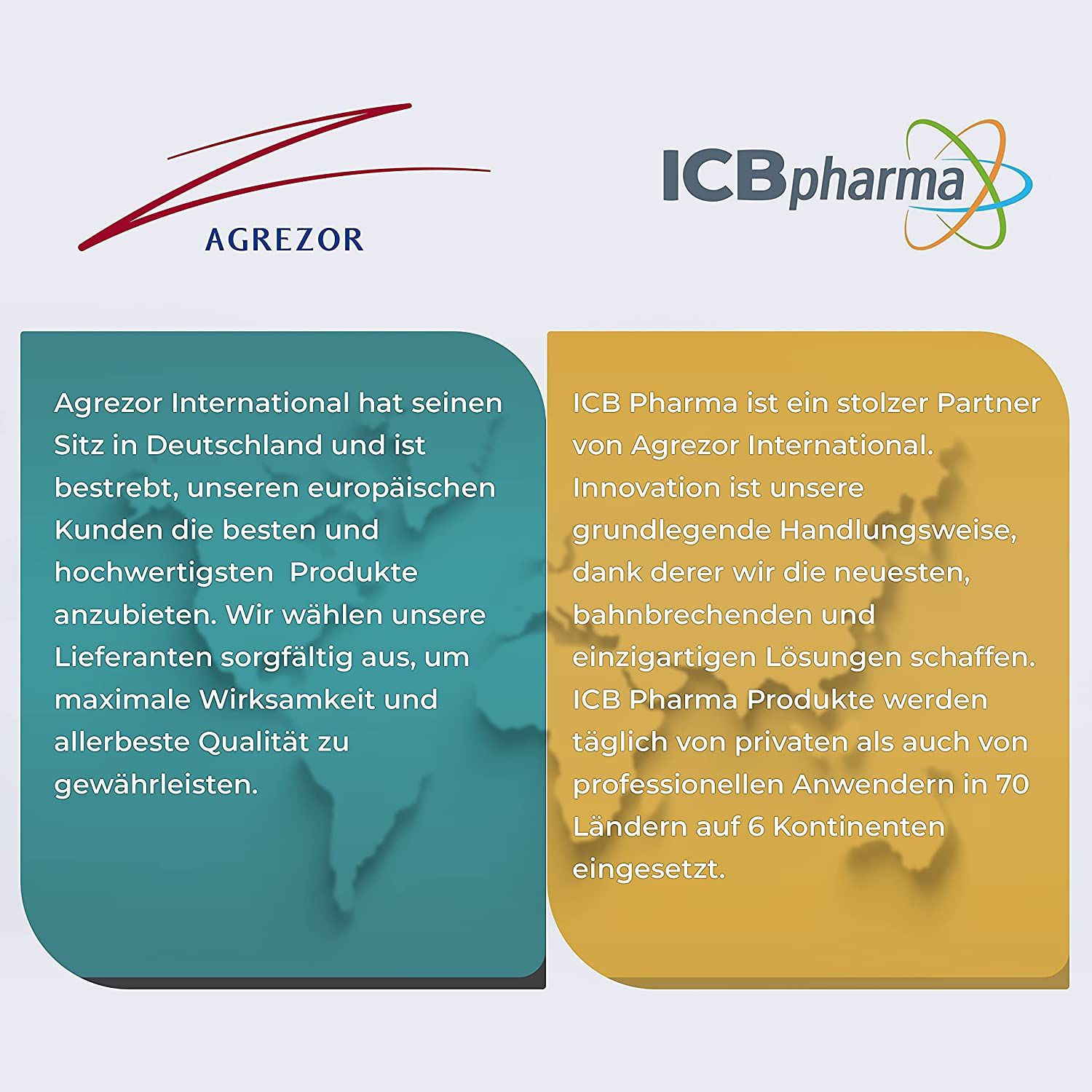 Tekst op blauwe en gele achtergrond. Logo's van Agrezor en ICB Pharma. Tekst over Agrezor en ICB Pharma.