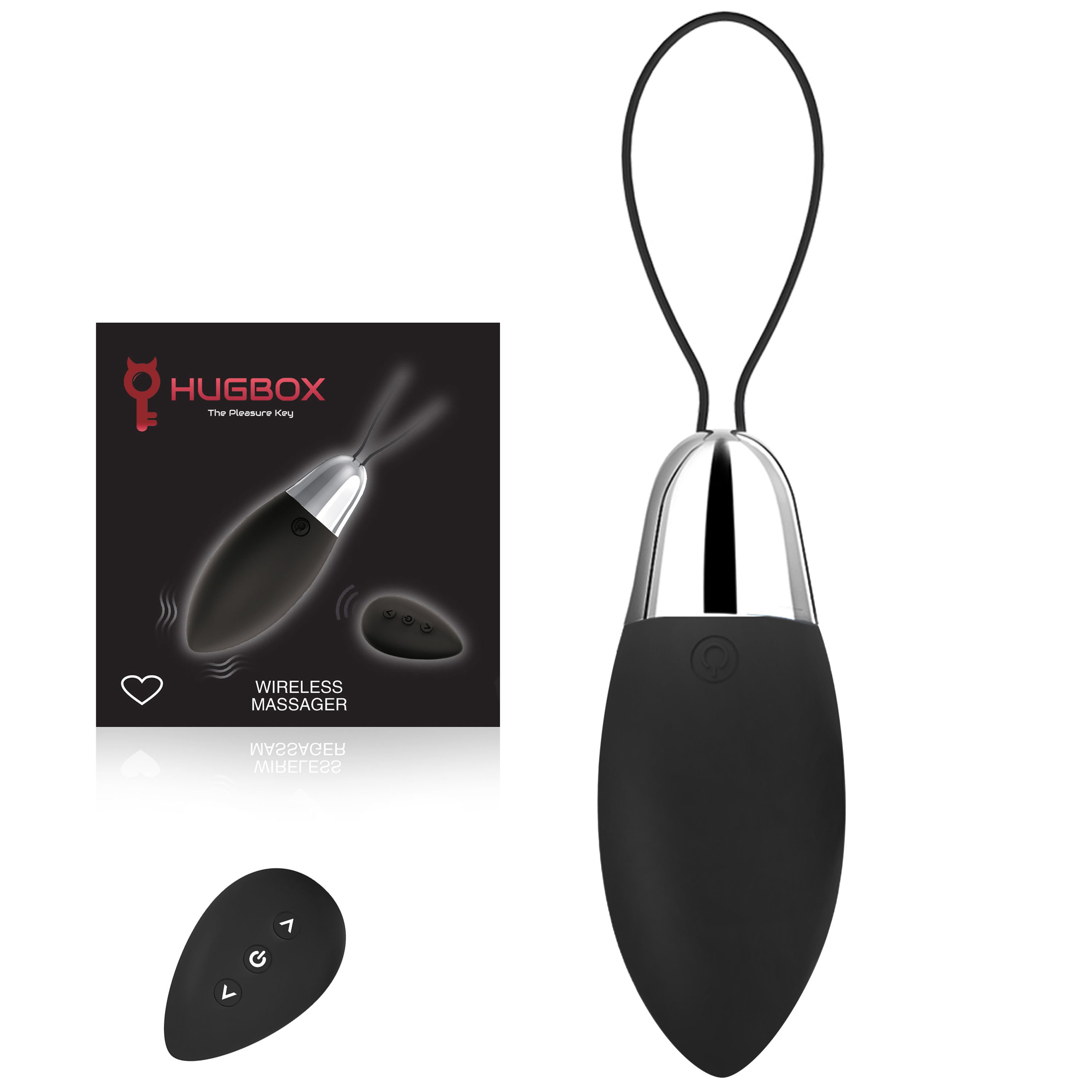 Produit noir ovale avec tête argentée et boucle, à côté d'un emballage et d'une télécommande. Marque : HUGBOX. Texte : Wireless Massager.