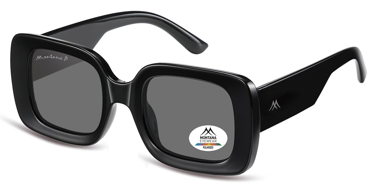 Lunettes de soleil noires, verres carrés, logo Montana Eyewear sur la branche et le verre. Verres polarisés.