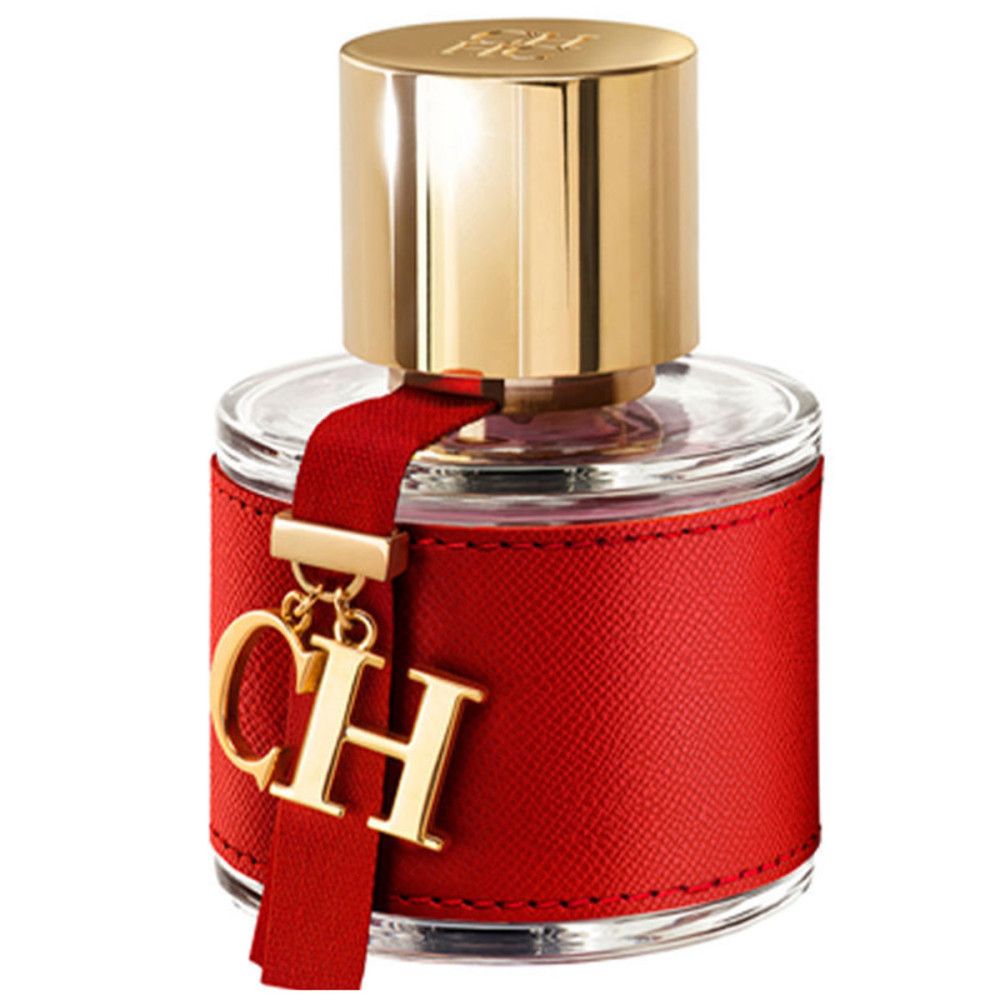 Parfumfles met rood leren bandje en gouden CH-hanger. Gouden dop. Glazen fles.
