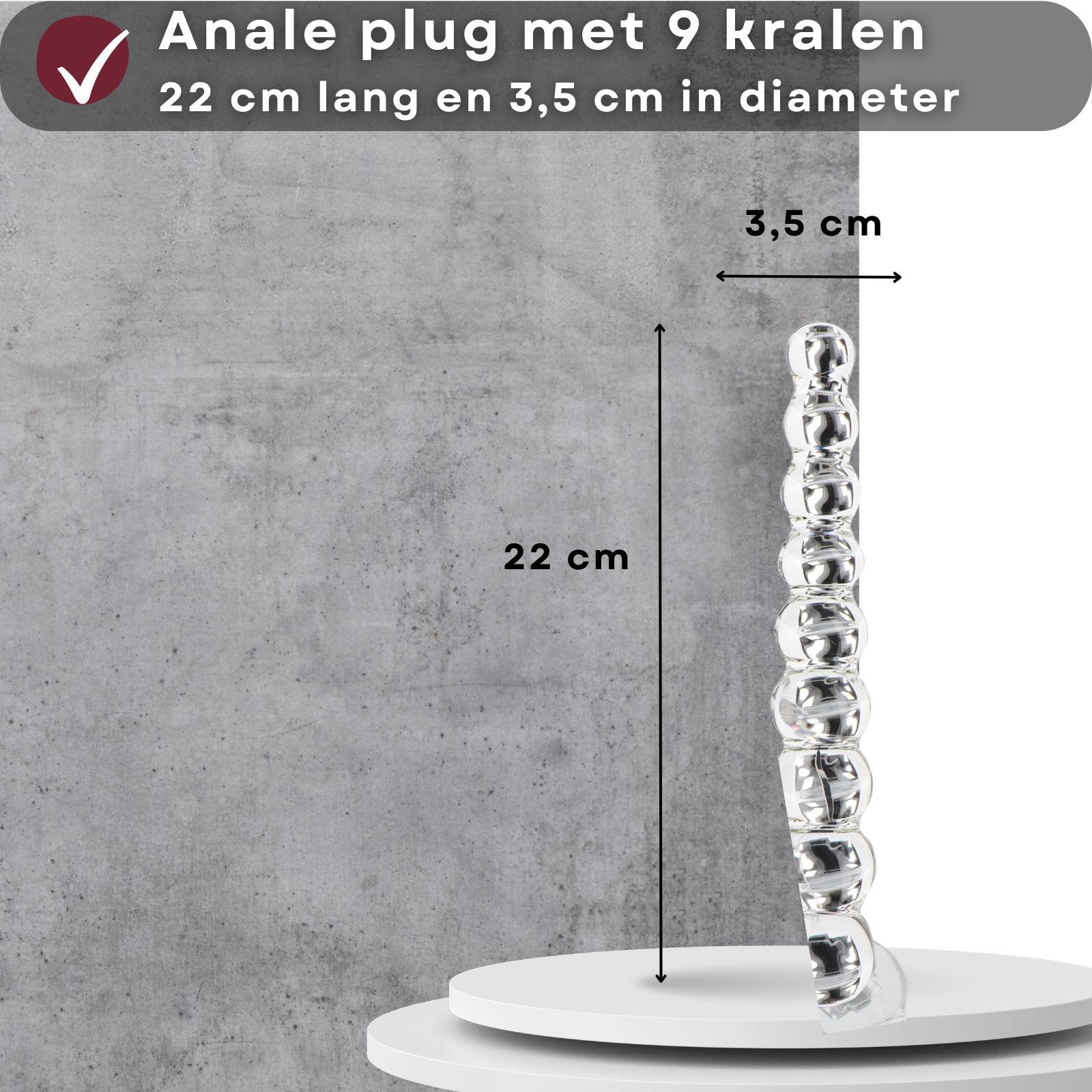 Anale plug met 9 kralen. 22 cm lang, 3,5 cm diameter. Van glas. Kegelvorm.