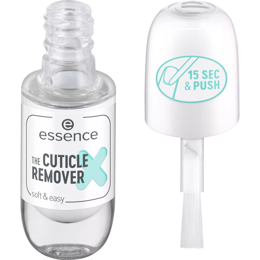 Exfoliant cuticules avec pinceau et bouchon. Inscription : Essence, The Cuticle Remover, soft & easy. Bouchon : 15 SEC & PUSH.