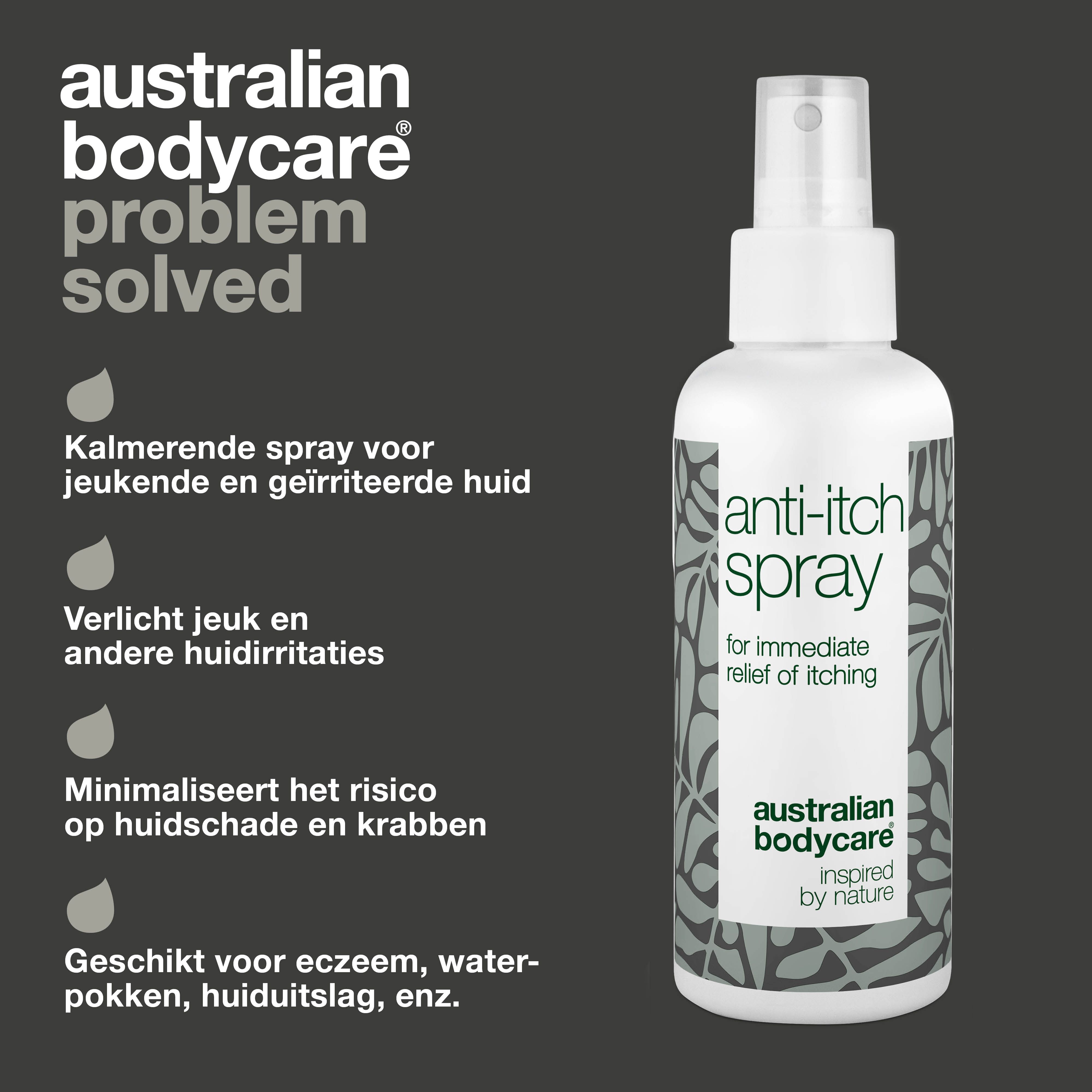Spray tegen jeuk met tekst: 'Kalmerende spray voor geïrriteerde huid'.