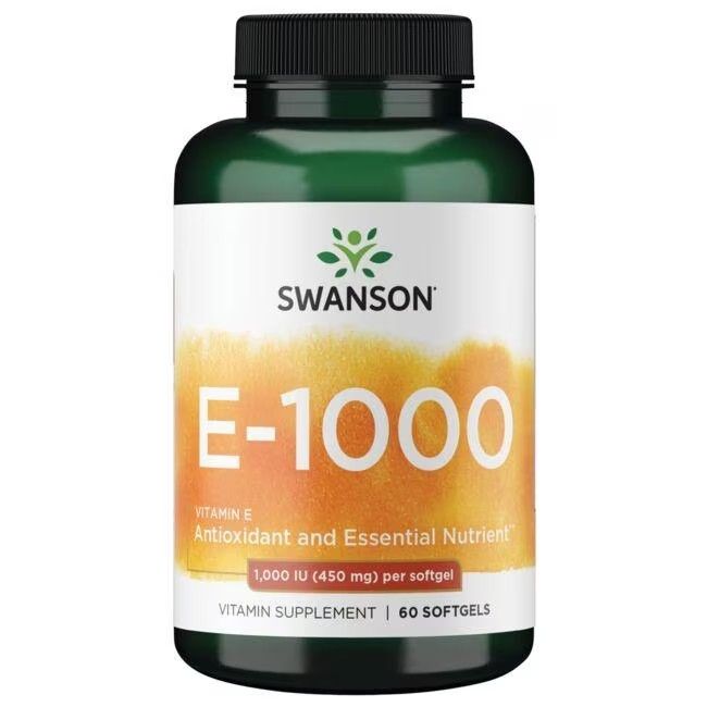 Groene fles met zwarte dop. Etiket met productinformatie: Vitamine E, 1000 IE. Merk: SWANSON. Achteraanzicht met voedingswaarde-informatie.