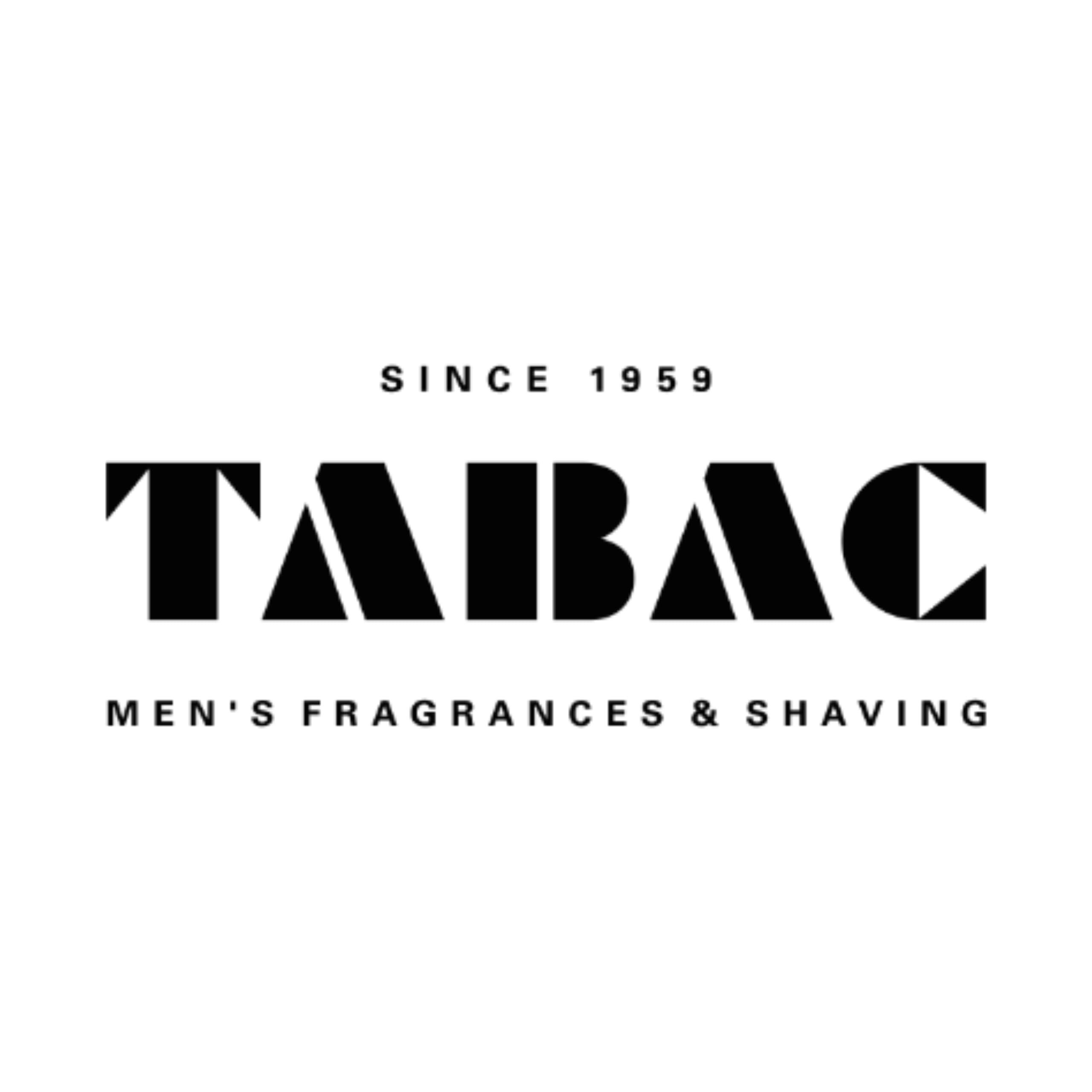 Logo avec le mot "TABAC" en noir. En dessous, il est écrit "MEN'S FRAGRANCES & SHAVING".