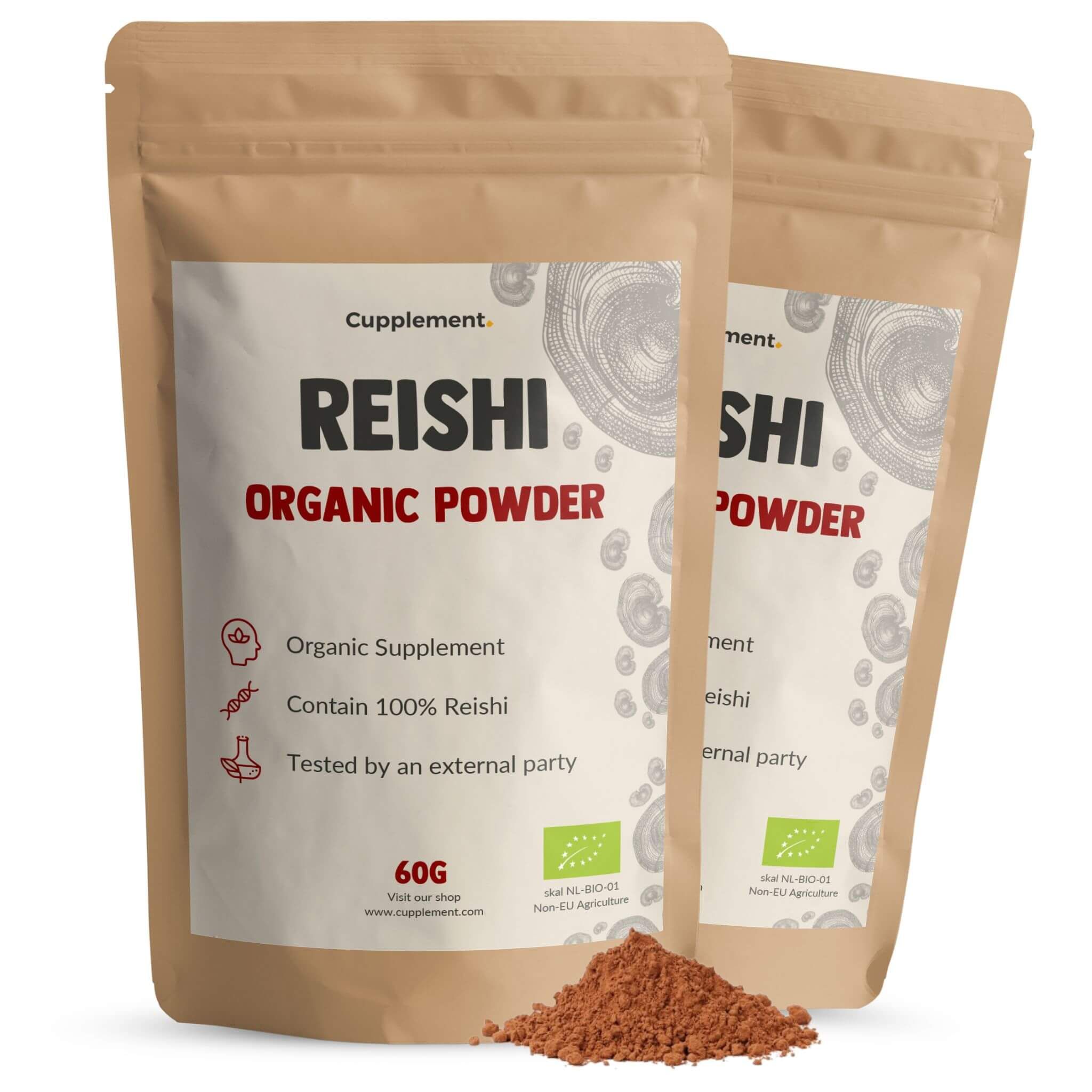 Deux sachets de poudre de Reishi. Inscription : Reishi Organic Powder, 60g. Avec label bio.