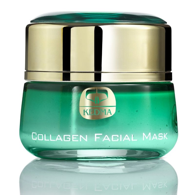 Groene glazen pot met gouden deksel. Opschrift: Collagen Facial Mask. Logo en tekst Kedma.