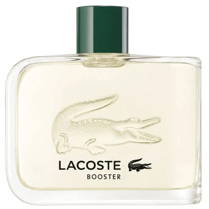 Flacon de Lacoste Booster Eau de Toilette avec logo crocodile en relief et bouchon vert.