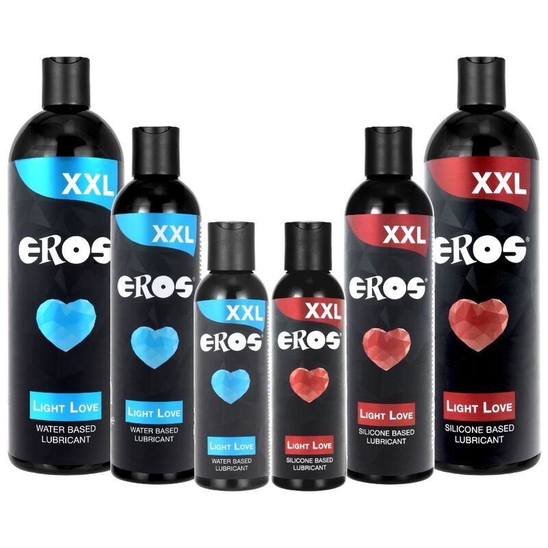 Cinq bouteilles de lubrifiant Eros XXL Light Love : deux à base d'eau (cœur bleu), trois à base de silicone (cœur rouge).