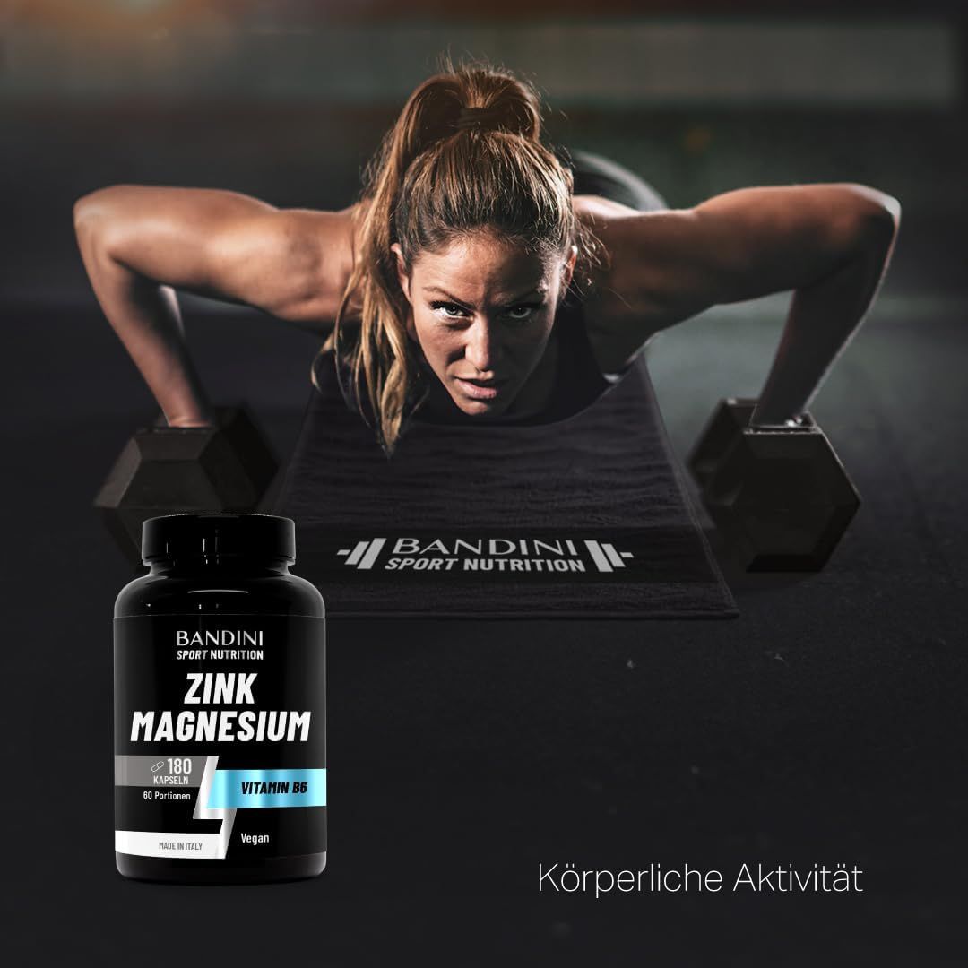 Zwarte fles met capsules. Opschrift: Zink Magnesium, Vitamine B6. 60 porties, 180 capsules, 100% vegan. GMP, ISO 9001, ISO 22000.