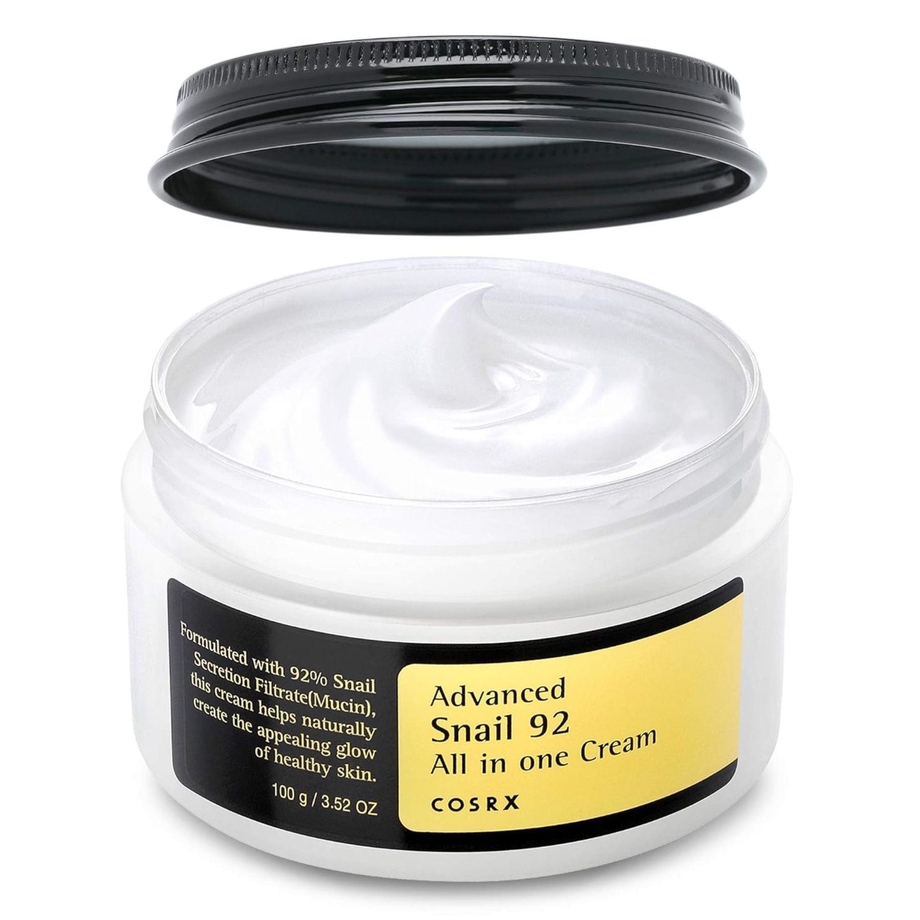 Crèmepot met zwarte deksel, open. Opschrift: COSRX Advanced Snail 92 All in one Cream.