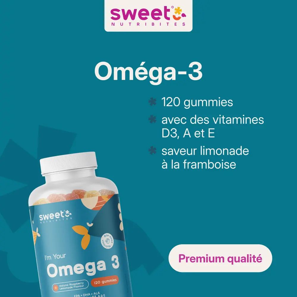Flacon de gummies Oméga-3. Texte: Oméga-3, 120 gummies, saveur limonade à la framboise. Qualité premium.