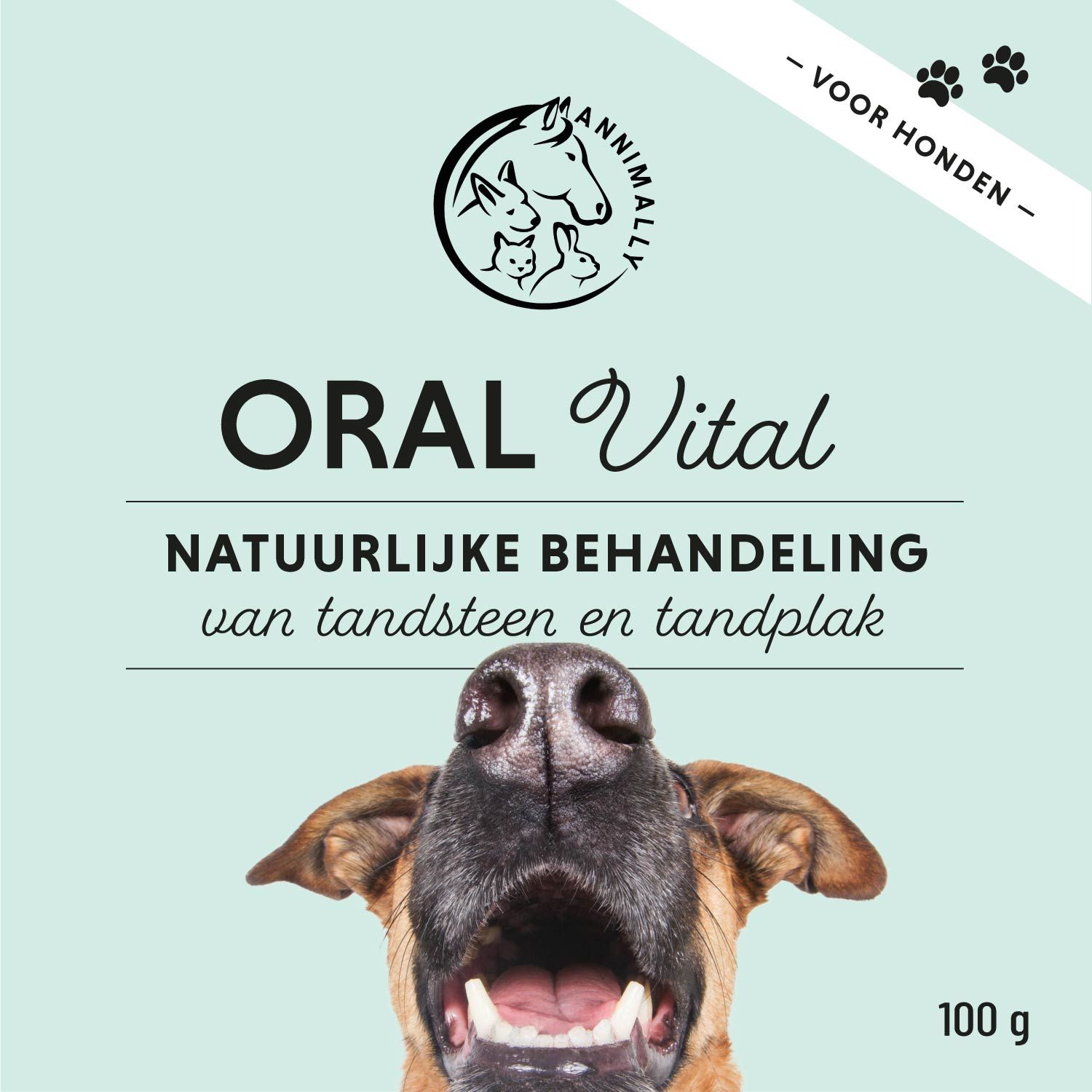 Productverpakking. Opschrift: ORAL Vital. Logo. Tekst: Natuurlijke behandeling van tandsteen en tandplak. Hond met open bek.
