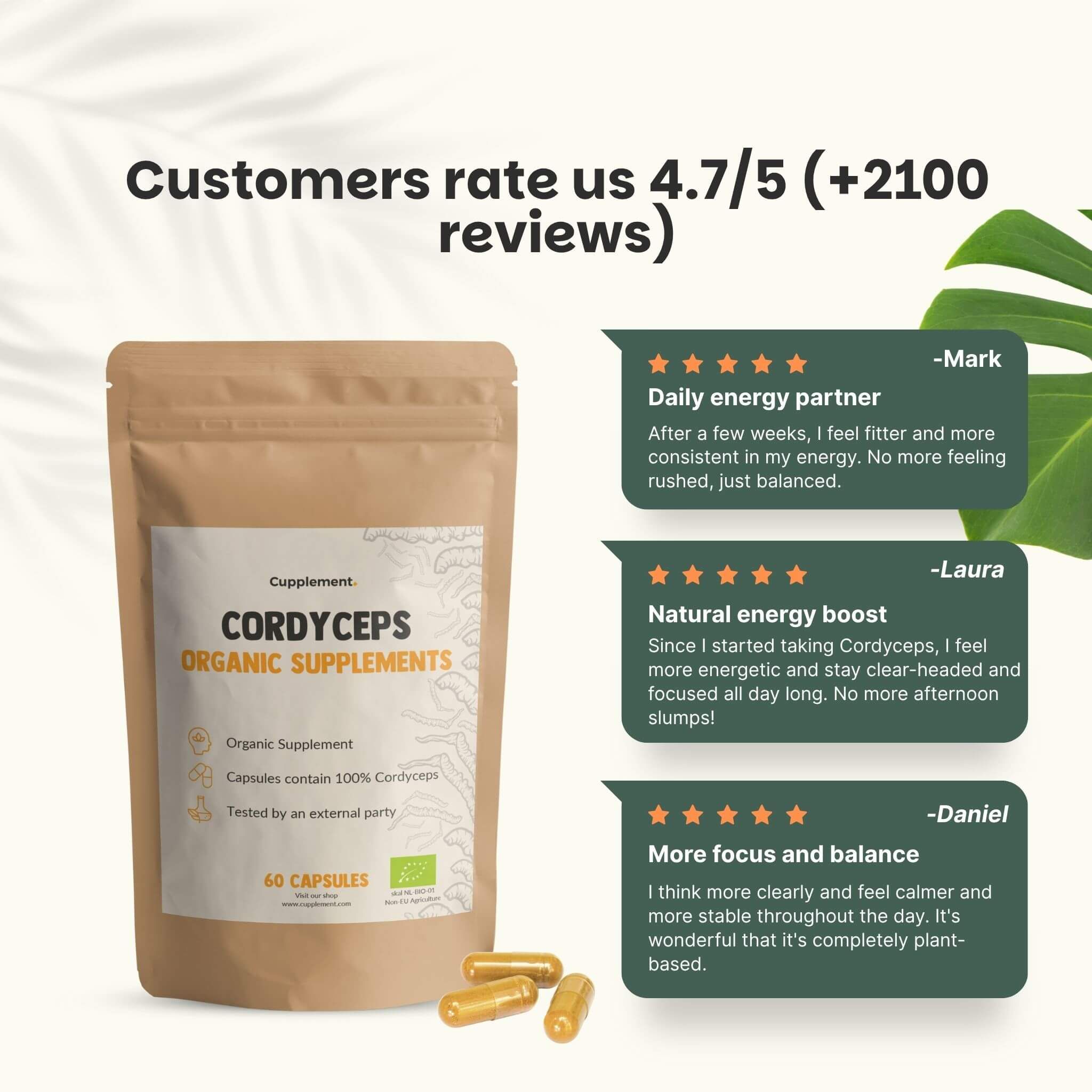 Gélules de Cordyceps. Sachet brun avec texte et gélules. Évaluation client : 4,7 étoiles sur 5. Citations de clients.