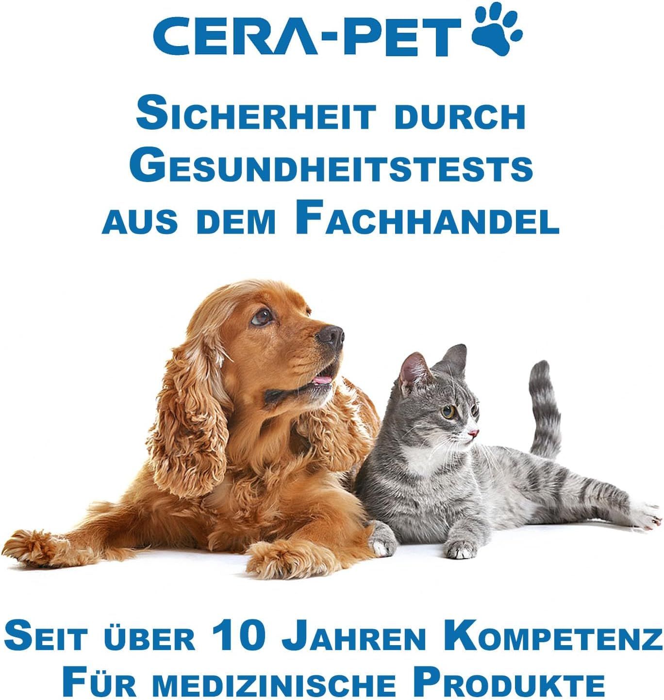 Chien et chat couchés côte à côte. Texte: Cera-Pet. Sécurité grâce aux tests de santé spécialisés. Plus de 10 ans d'expertise en produits médicaux.