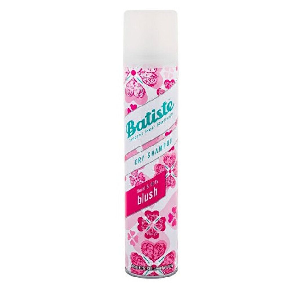Bombe aérosol rose et blanche. Inscription: Batiste, shampooing sec, Blush. Motif floral.