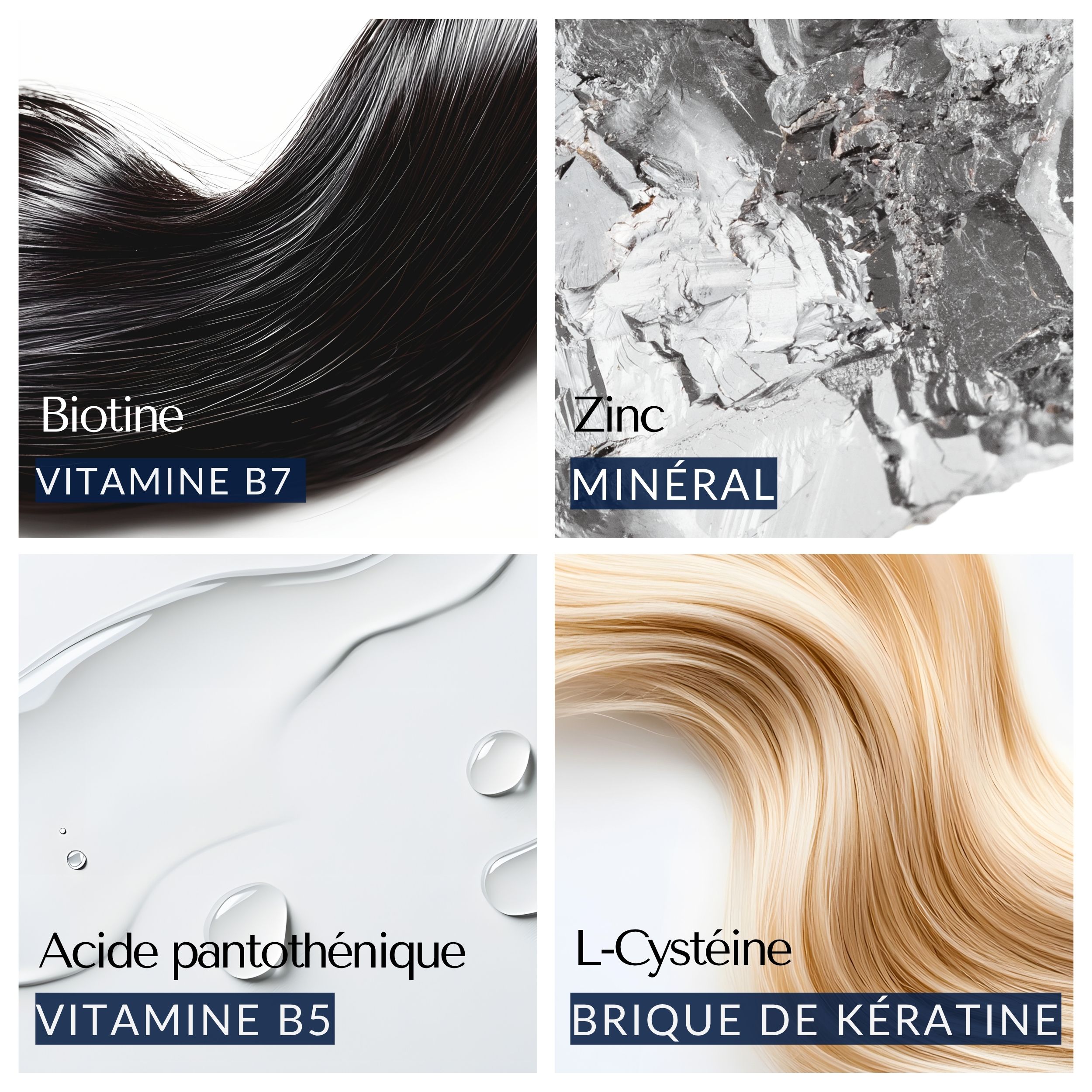 Biotine, zinc, acide pantothénique et L-cystéine. Ingrédients pour des cheveux sains. Différentes textures et couleurs.