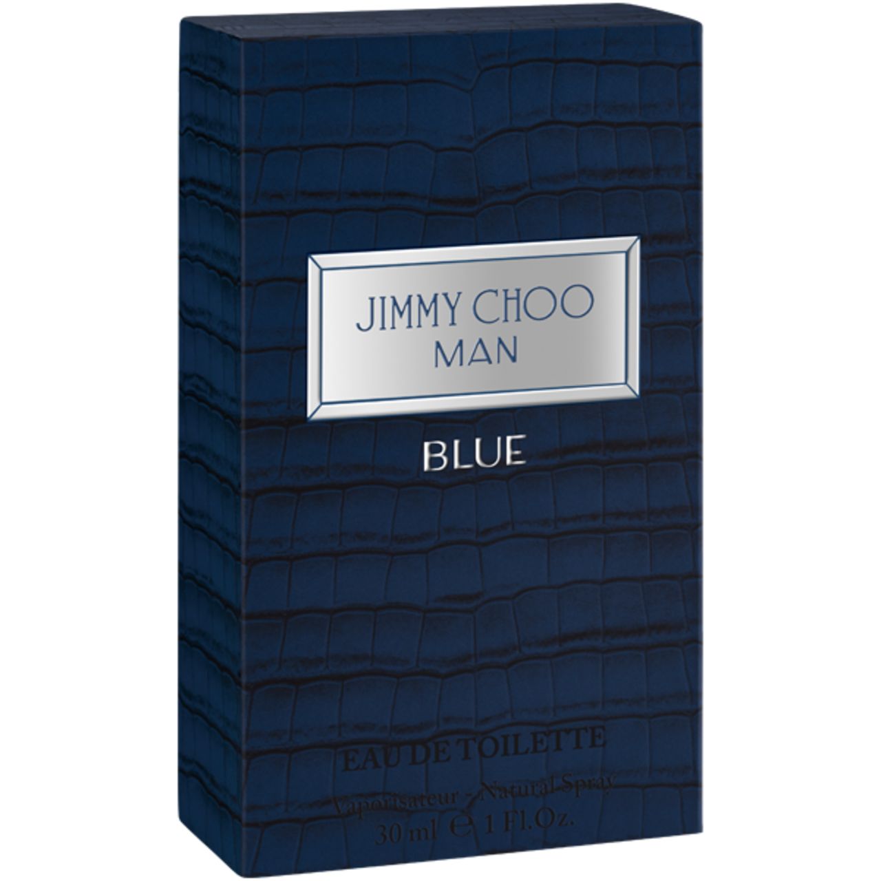 Emballage bleu rectangulaire. Inscription : JIMMY CHOO MAN BLUE. Étiquette argentée.